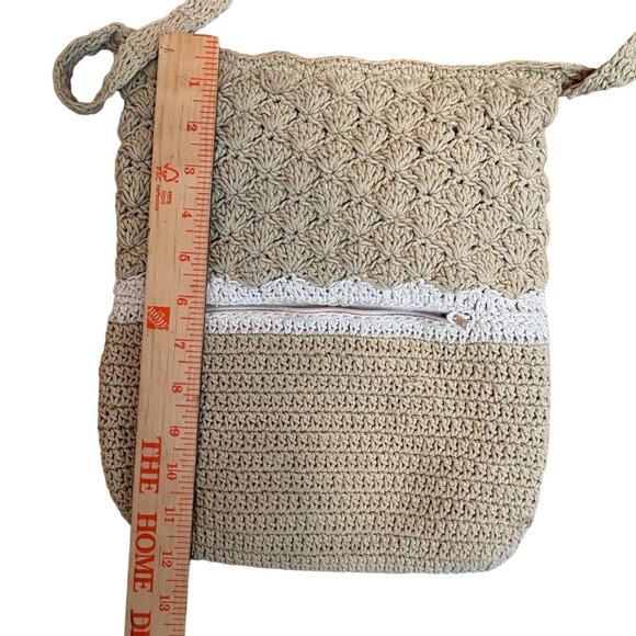 Crochet Beige & White Shoulder Bag Zipper Closures Bag Etc Lined Boho Retro - Picture 7 of 8